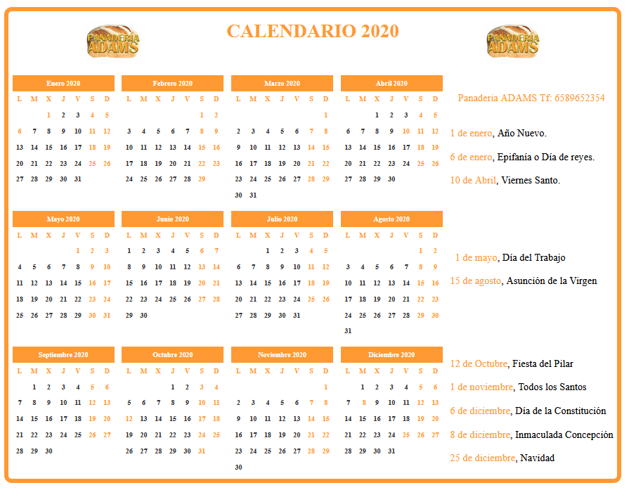 Calendario anual horizontal personalizado